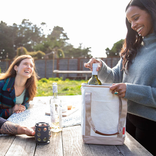 People at a picnic table using Lifefactory stemless wine glasses and an insulated wine tote.