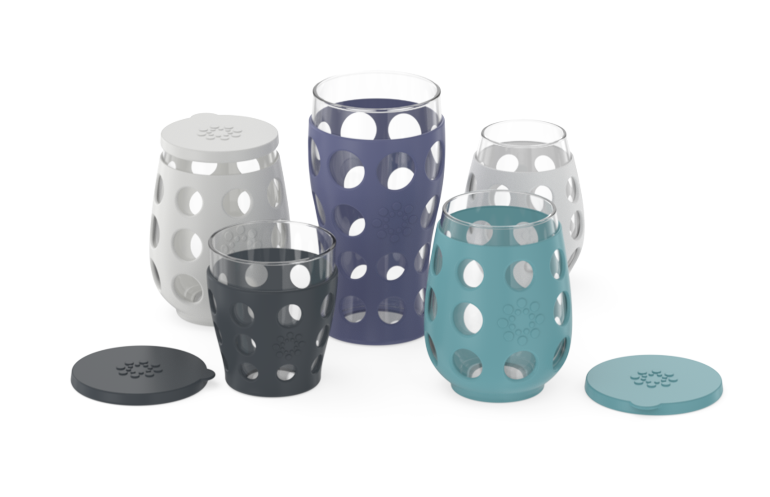Assortment of Lifefactory glassware and stemless wine silicone lids.