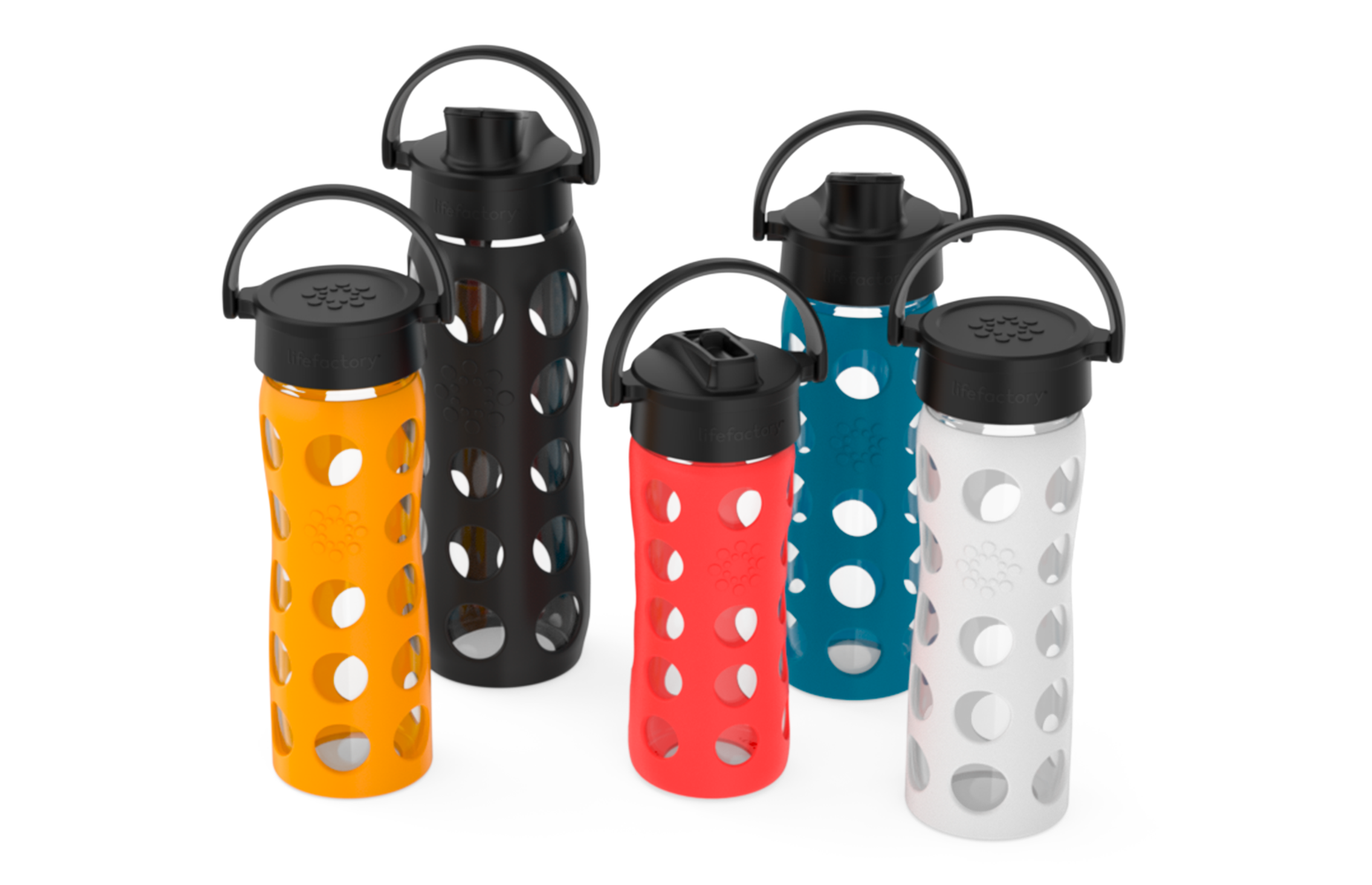 Assortment of Lifefactory glass water bottles with an assortment of caps.