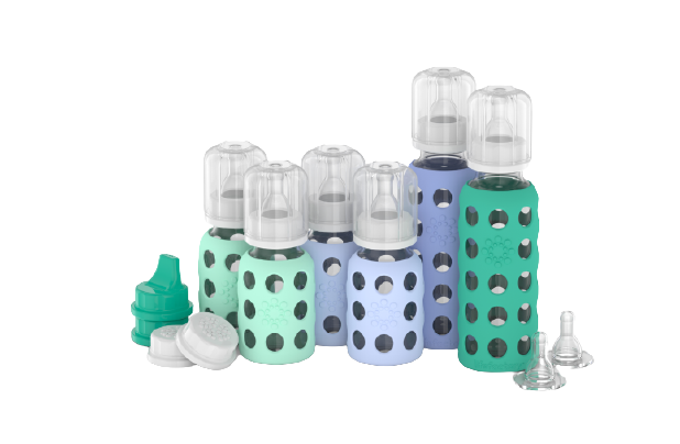 Lifefactory 4oz & 9oz Glass Baby Bottles Sippy Caps Silicone Nipples Flat Caps