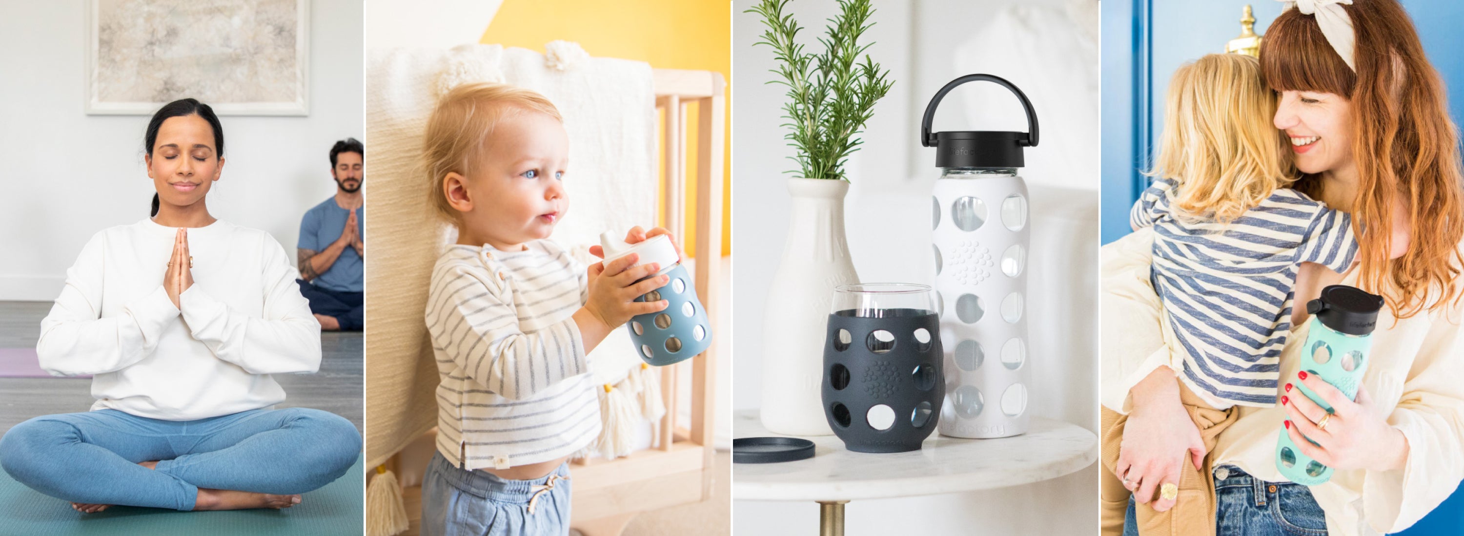 Collection of Lifefactory lifestyle photography featuring yoga, toddler holding a sippy cup, glass water bottle and stemless wine glass, and a mother hugging her daughter while holding a glass water bottle.