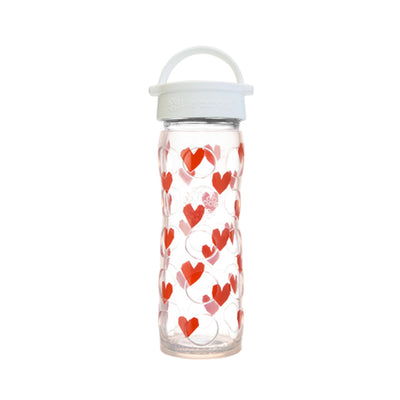 Lifefactory 16oz Glass Water Bottle with Printed Red Hearts Classic Cap