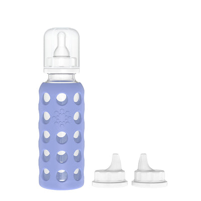 9oz Glass Baby Bottle with Stage 2 Nipple + 2pcs Sippy Caps