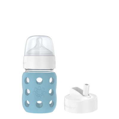 8oz Glass Baby Bottles with Stage 2 Nipple + Wide Neck Pivot Straw Cap