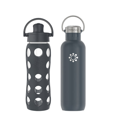 22oz Glass with Active Cap & 24oz Stainless Steel with Screw Cap Water Bottle Bundle - Carbon Black