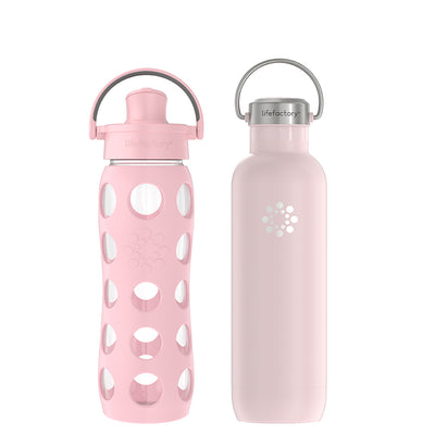 22oz Glass with Active Cap & 24oz Stainless Steel with Screw Cap Water Bottle Bundle - Desert Rose
