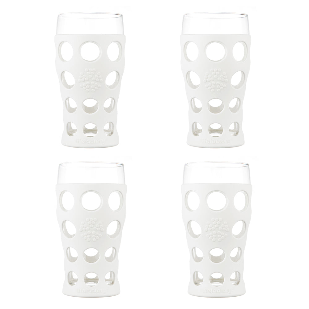 20oz Beverage Glass with Silicone Sleeve-4 Pack | Lifefactory Optic White